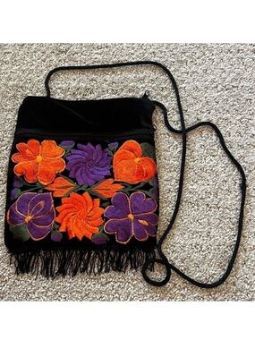 Velvet Embroidered Black Floral Crossbody Handbag Floral Purple Orange Fringed